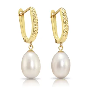 14K Gold Freshwater Pearl Drop Earrings, Huggie Design With Diamond-Cuts