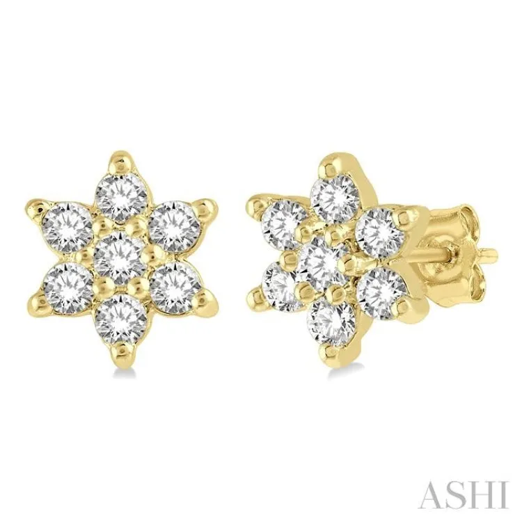 1/6 Ctw Floral Round Cut Diamond Petite Fashion Earring in 10K Yellow Gold