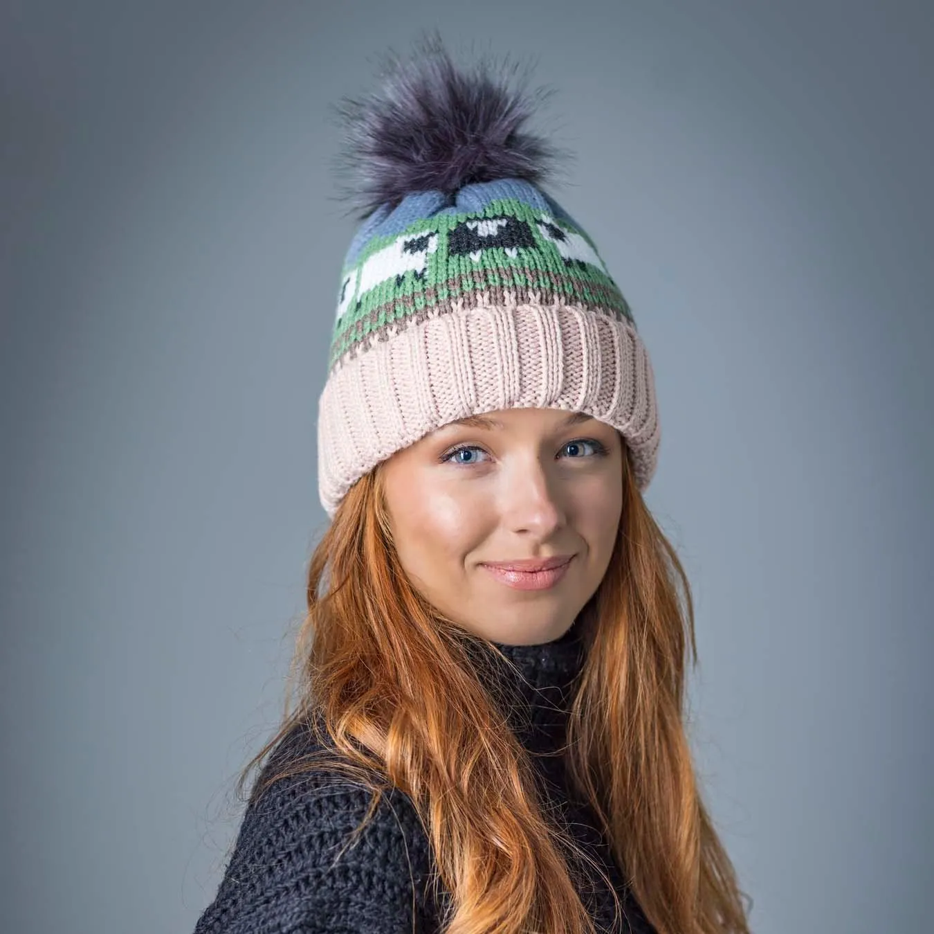 Aran Knitted Pom Pom Sheep Beanie
