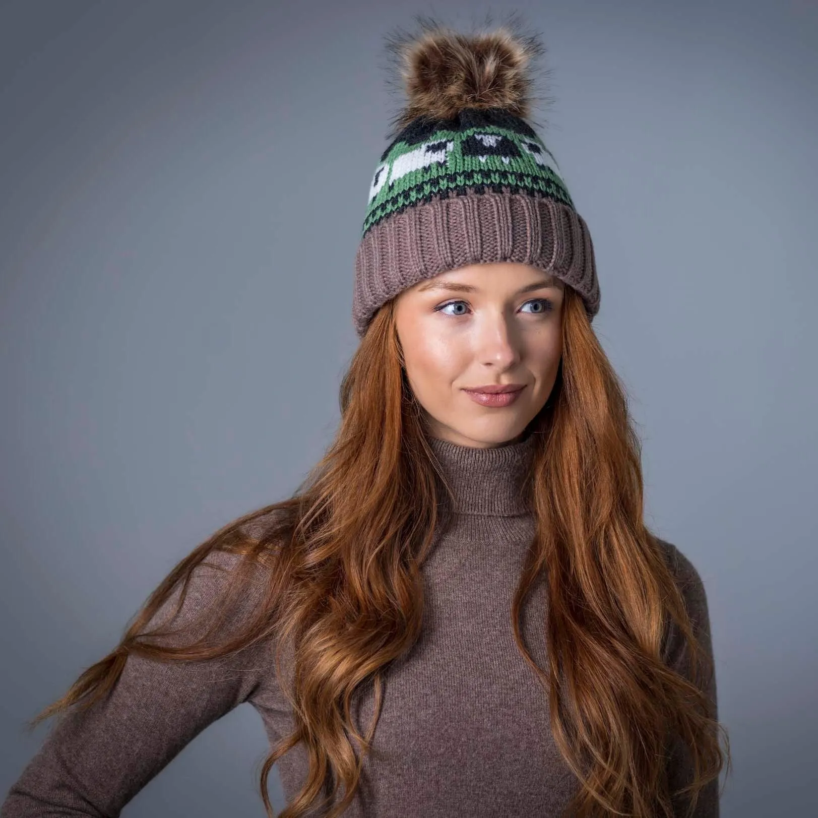 Aran Knitted Pom Pom Sheep Beanie