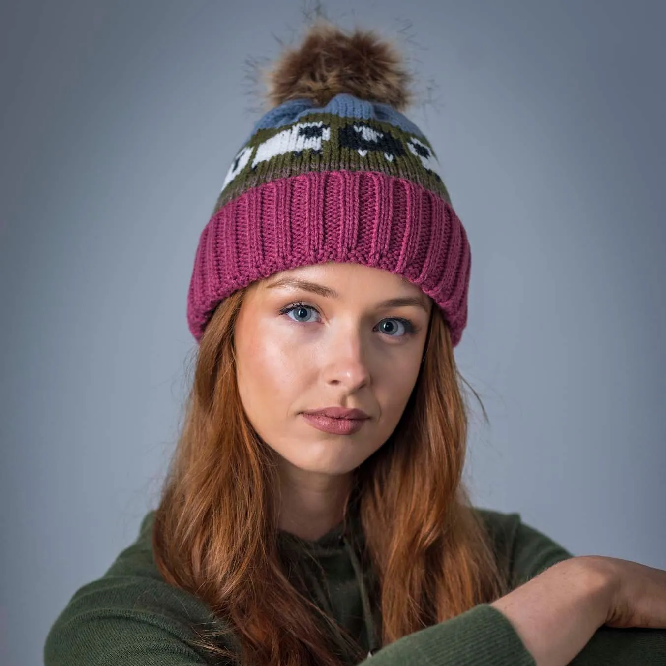 Aran Knitted Pom Pom Sheep Beanie