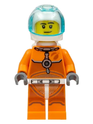 Astronaut, Male, Orange Spacesuit with Dark Bluish Gray Lines, Trans Light Blue Large Visor, Stubble, Moustache and Sideburns