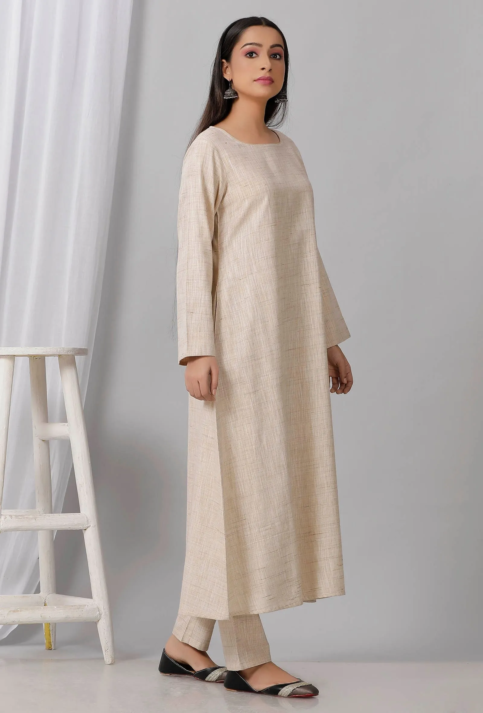 Beige Round Neck Cotton Khadi A Line Kurta