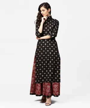 Black Printed 3/4Th Sleeve Cotton Kurta With Red Printed Flared Skirt