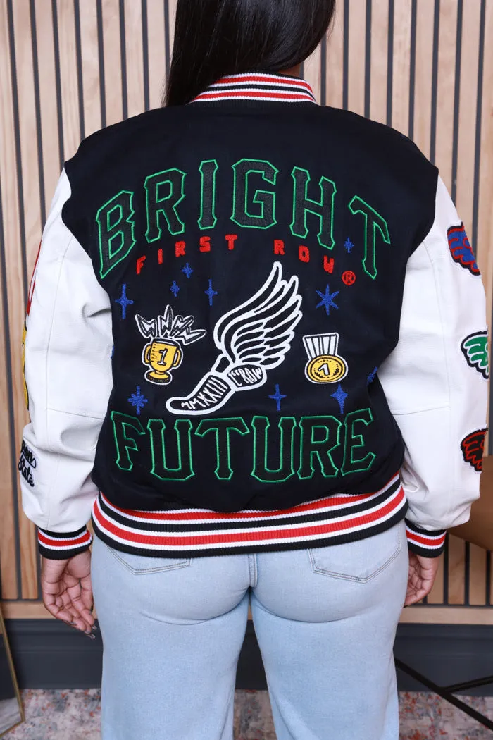 Bright Future Faux Leather Varsity Jacket - Navy/White