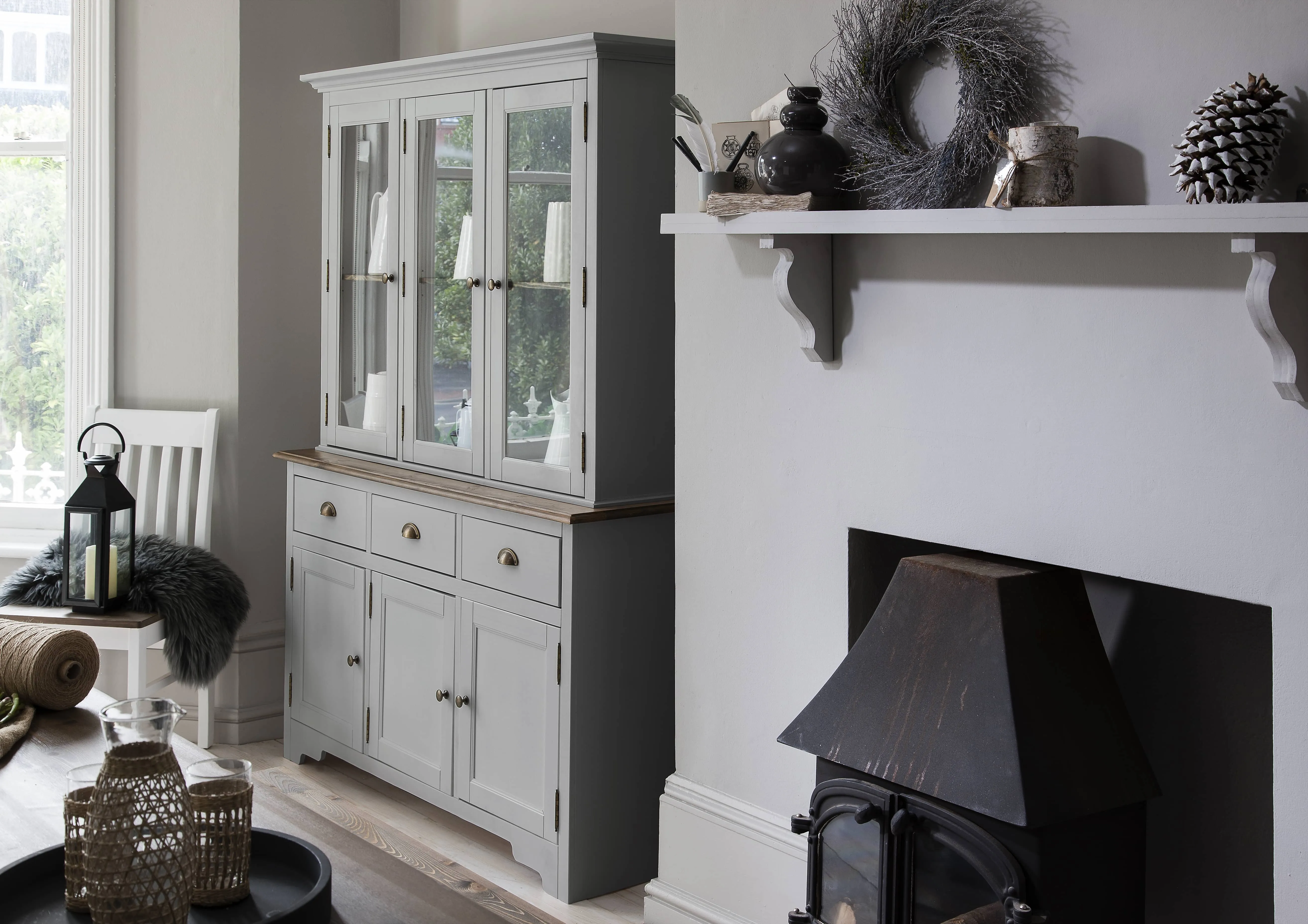 Canterbury Dresser and Sideboard with Solid Doors in Grey and Dark Pine