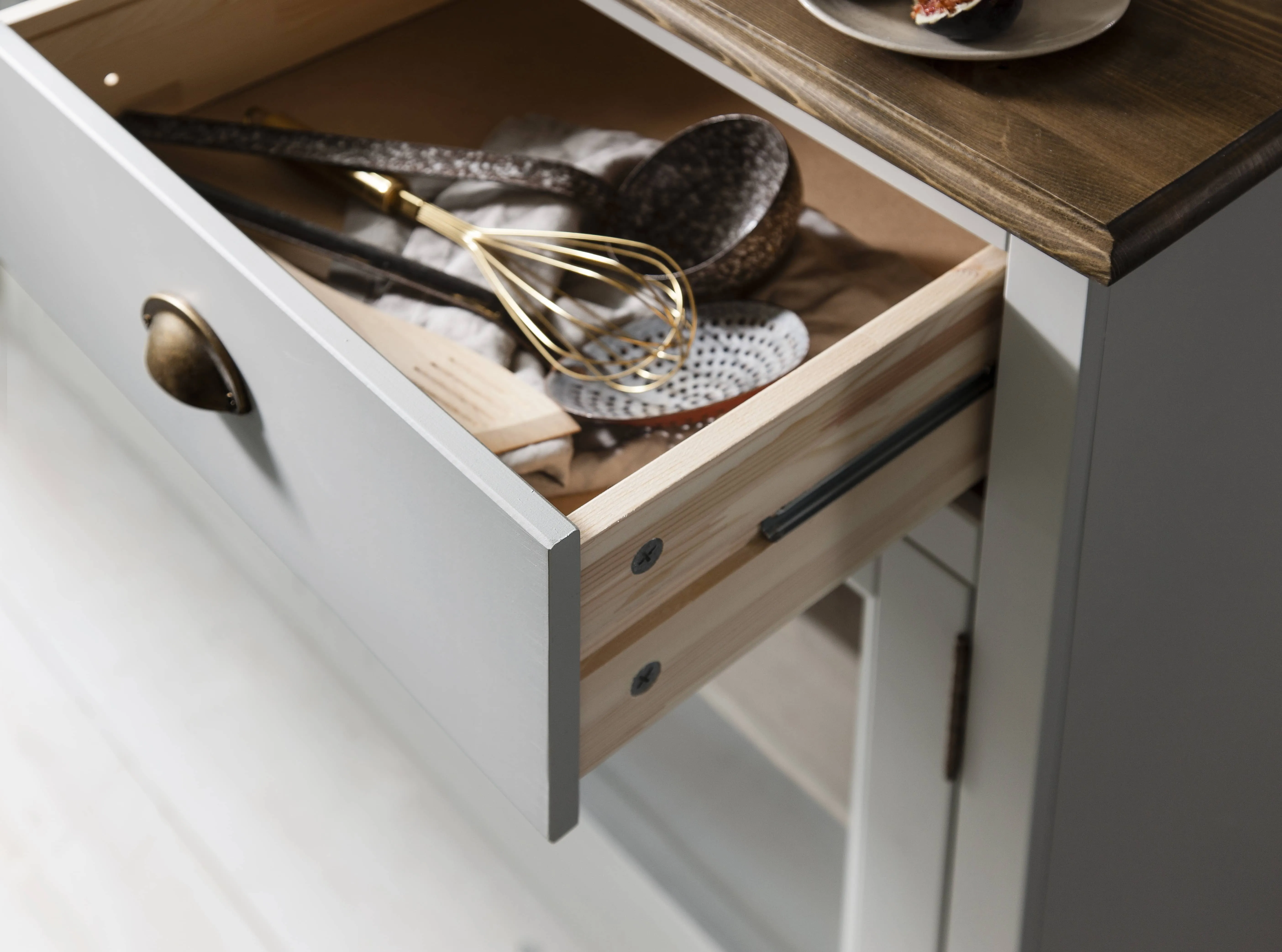 Canterbury Dresser and Sideboard with Solid Doors in Grey and Dark Pine