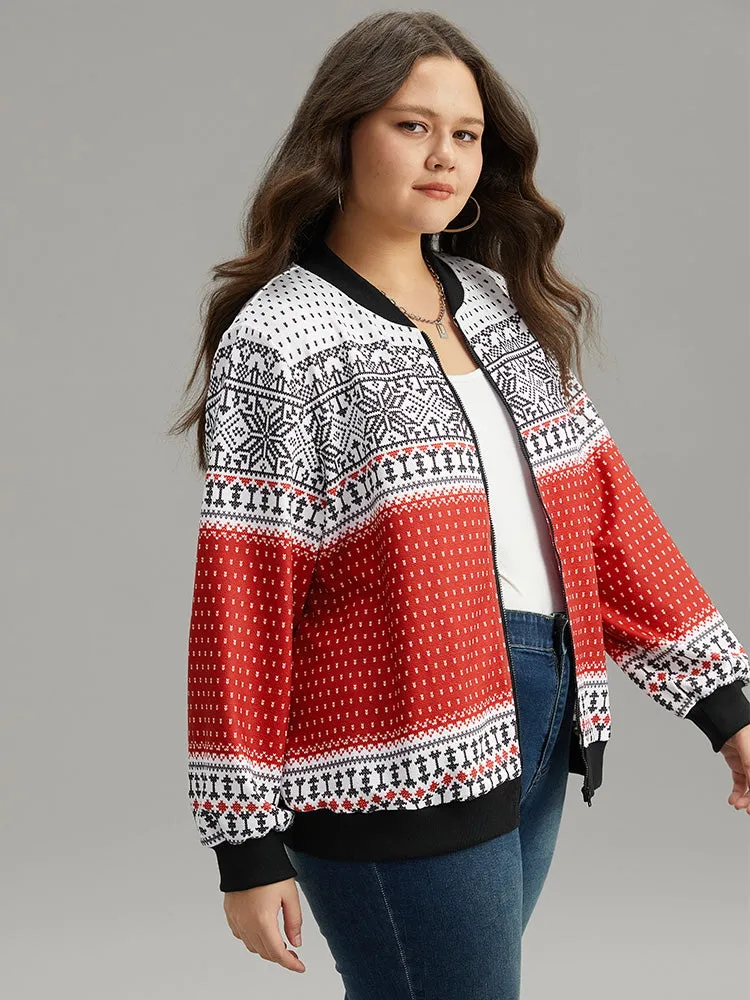Christmas Patchwork Zipper Contrast Jacket