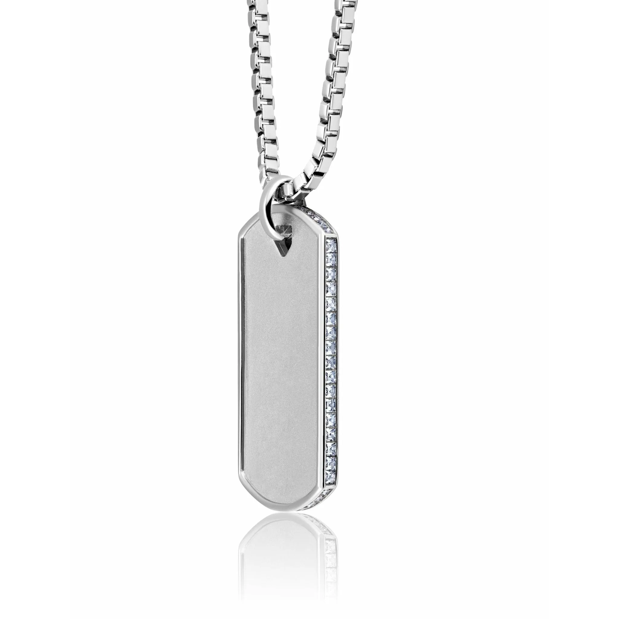 Crislu Mens Matte Box Chain Dog Tag  Necklace with Baguette CZ In Platinum Finish