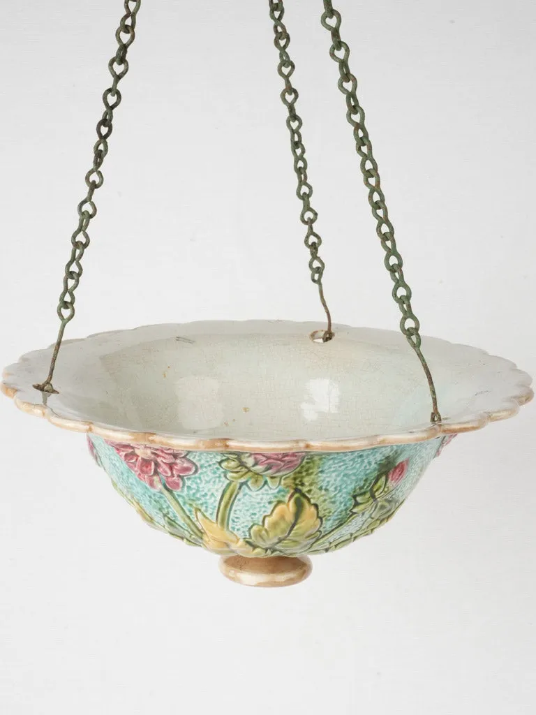 Exquisite Early 20th Century French Majolica Hanging Planter with Pink Dahlia Design