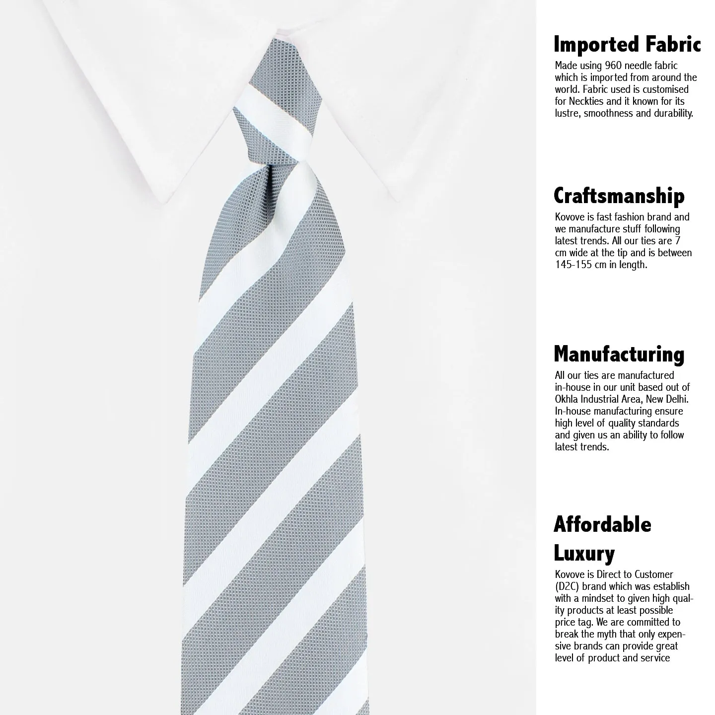Kovove The Greywind Striped Grey Necktie and Pocket Square Gift Box