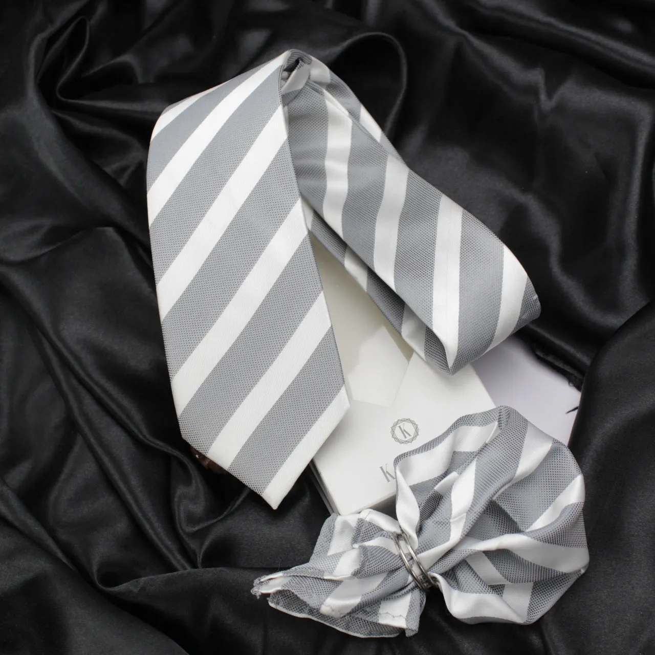 Kovove The Greywind Striped Grey Necktie and Pocket Square Gift Box