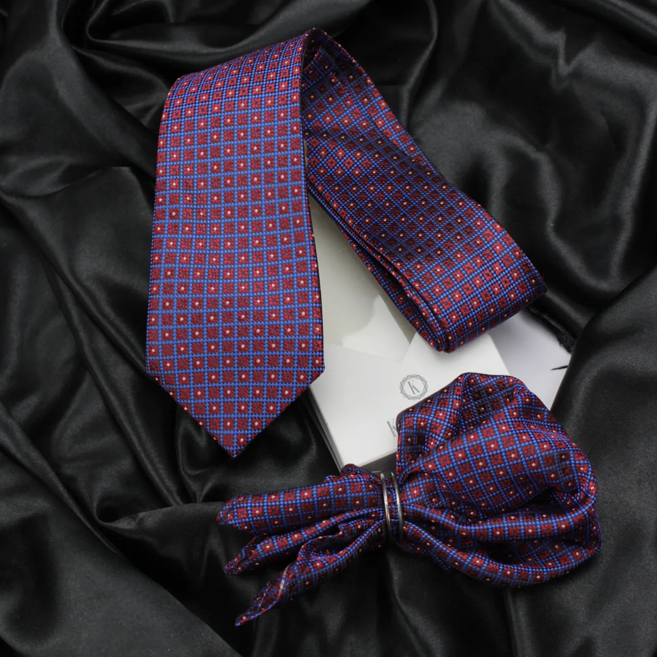 Kovove The Radiant Checkered  Maroon Necktie and Pocket Square Gift Box