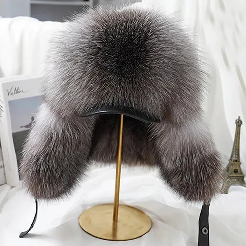 Luxury Men's Silver Fox Fur Bomber Hat – Real Fur Ushanka with Leather