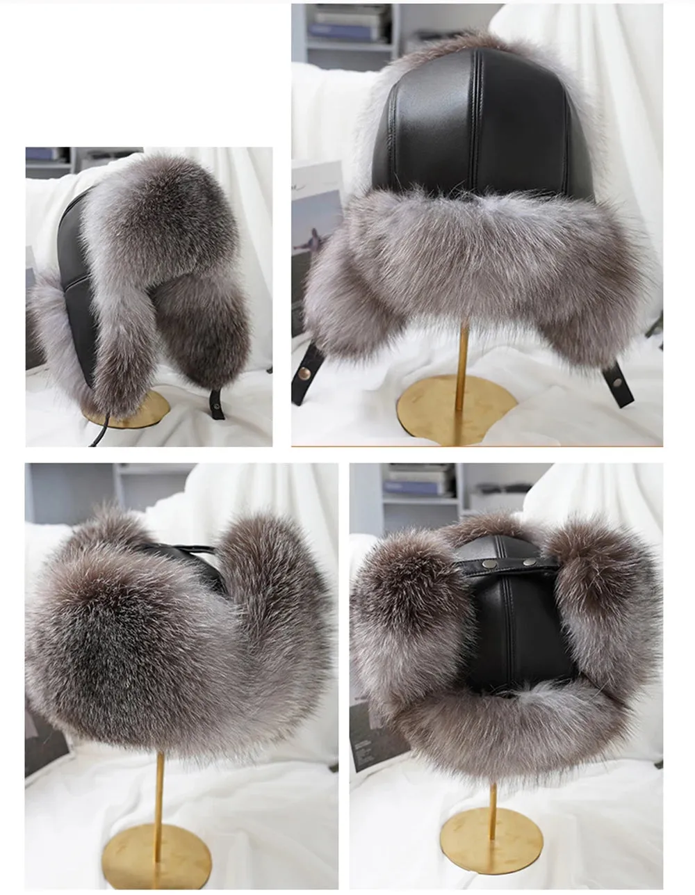 Luxury Men's Silver Fox Fur Bomber Hat – Real Fur Ushanka with Leather