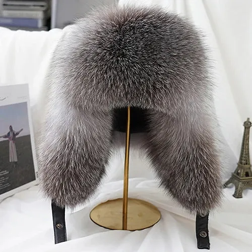 Luxury Men's Silver Fox Fur Bomber Hat – Real Fur Ushanka with Leather