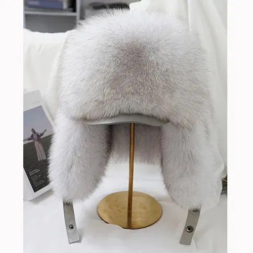 Luxury Men's Silver Fox Fur Bomber Hat – Real Fur Ushanka with Leather