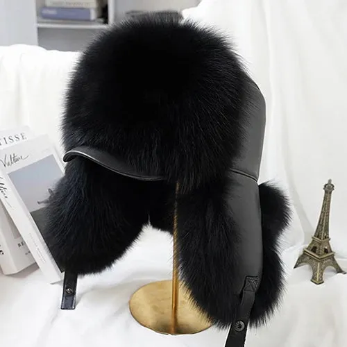 Luxury Men's Silver Fox Fur Bomber Hat – Real Fur Ushanka with Leather