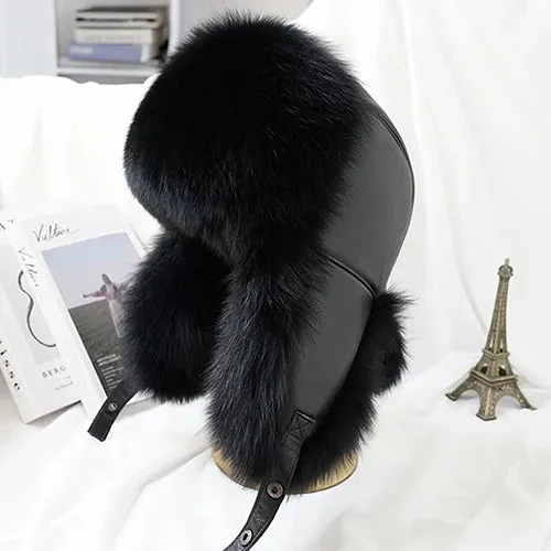 Luxury Men's Silver Fox Fur Bomber Hat – Real Fur Ushanka with Leather