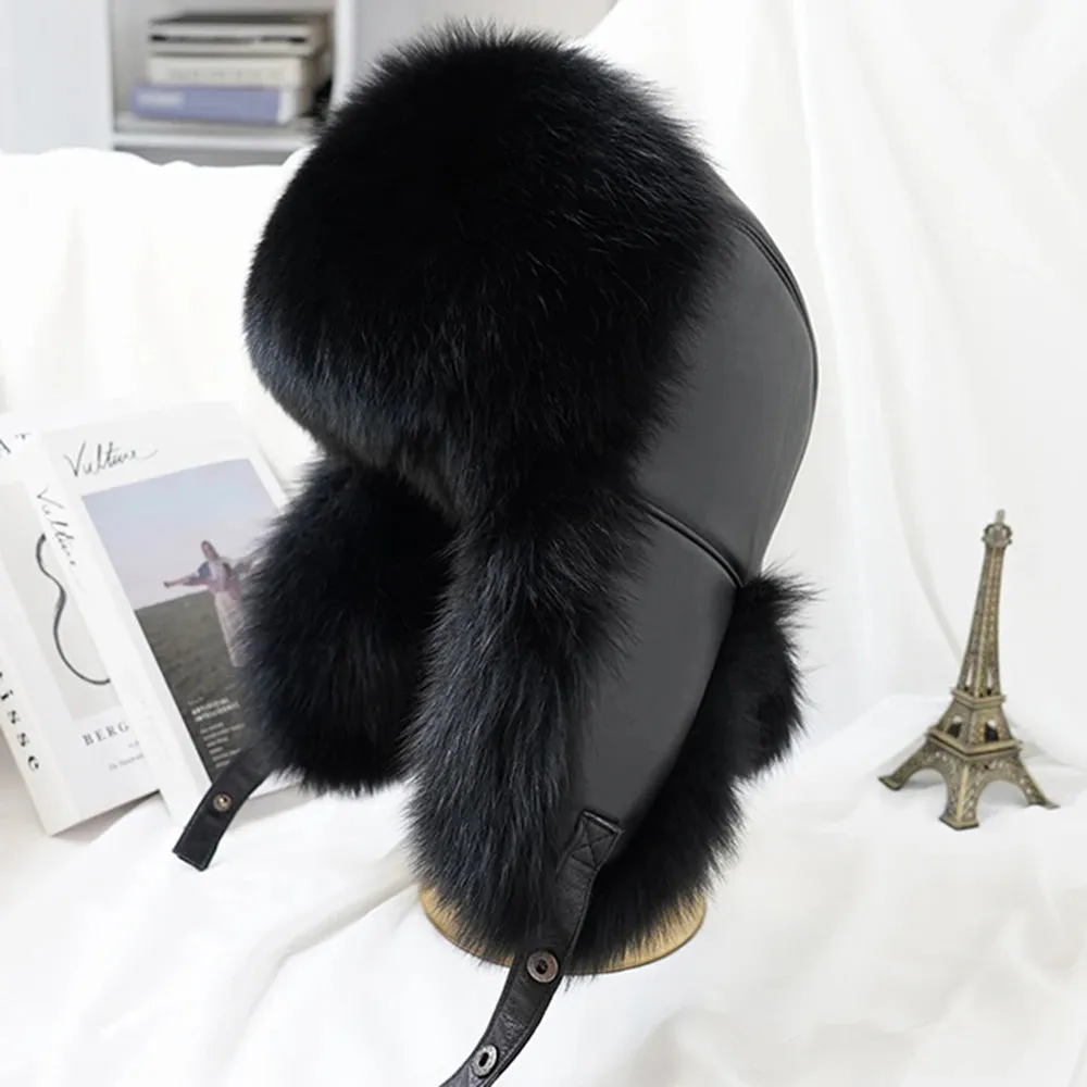 Luxury Men's Silver Fox Fur Bomber Hat – Real Fur Ushanka with Leather