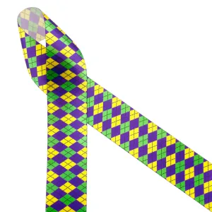 Mardi Gras Ribbon in argyle in yellow, green, purple and white printed on 1.5" white single face satin