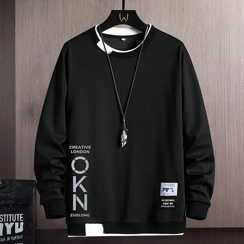 Men’s Casual OKN Letter Print Sweatshirt – Crewneck Fake Two-Piece Design