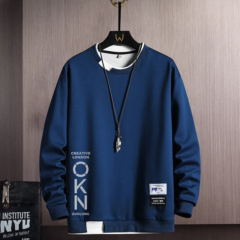 Men’s Casual OKN Letter Print Sweatshirt – Crewneck Fake Two-Piece Design