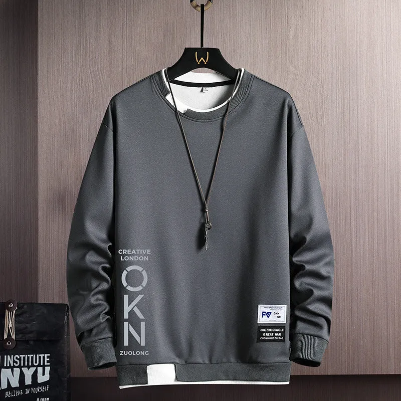 Men’s Casual OKN Letter Print Sweatshirt – Crewneck Fake Two-Piece Design