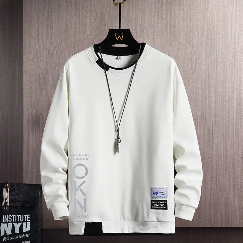 Men’s Casual OKN Letter Print Sweatshirt – Crewneck Fake Two-Piece Design