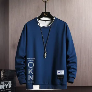 Men’s Casual OKN Letter Print Sweatshirt – Crewneck Fake Two-Piece Design