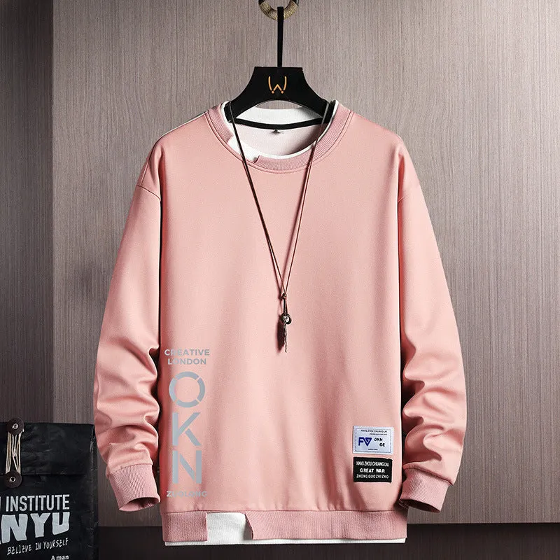 Men’s Casual OKN Letter Print Sweatshirt – Crewneck Fake Two-Piece Design
