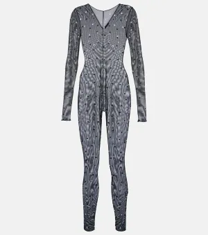 Mesh jumpsuit with gem Oséree decor, black