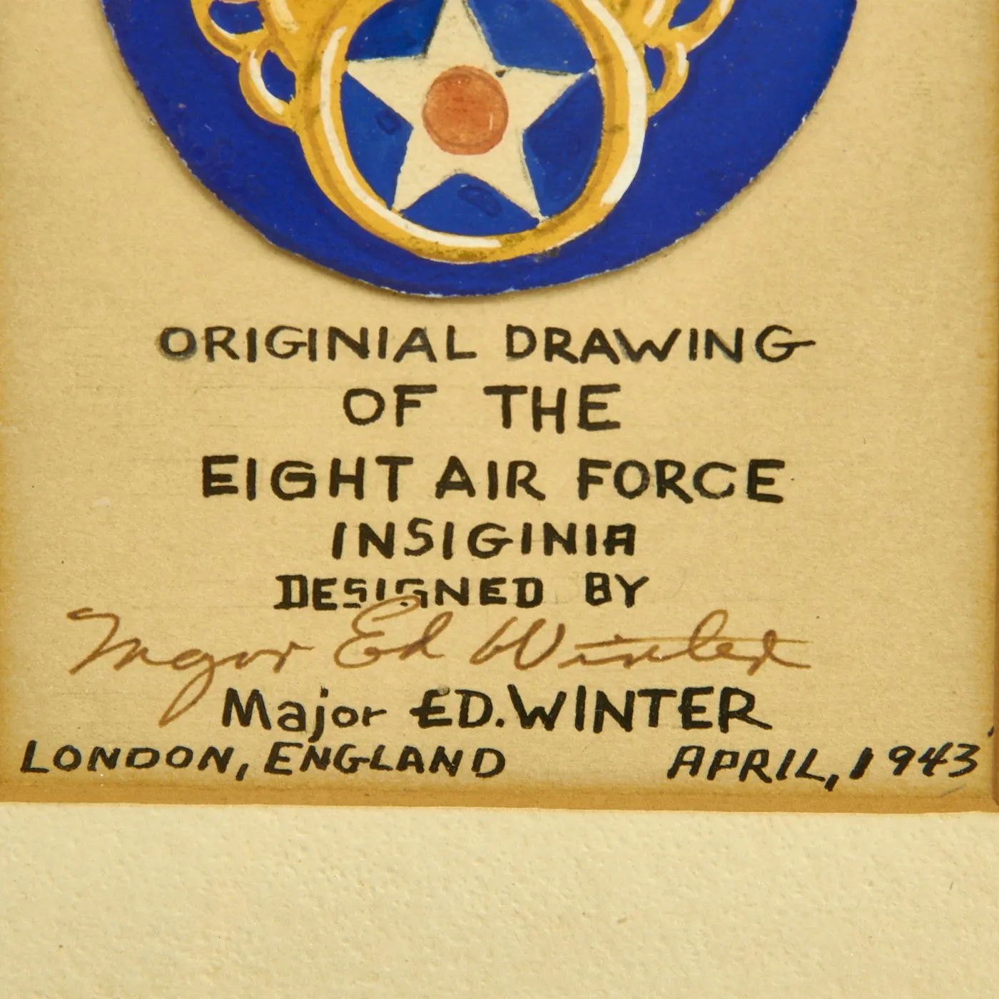 Original U.S. WWII Hand Drawn 8th Air Force Insignia by Designer Major Ed Winter - Signed