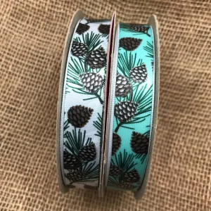 Pine cones ribbon with branches and needles on a white background printed on 5/8" white single face satin