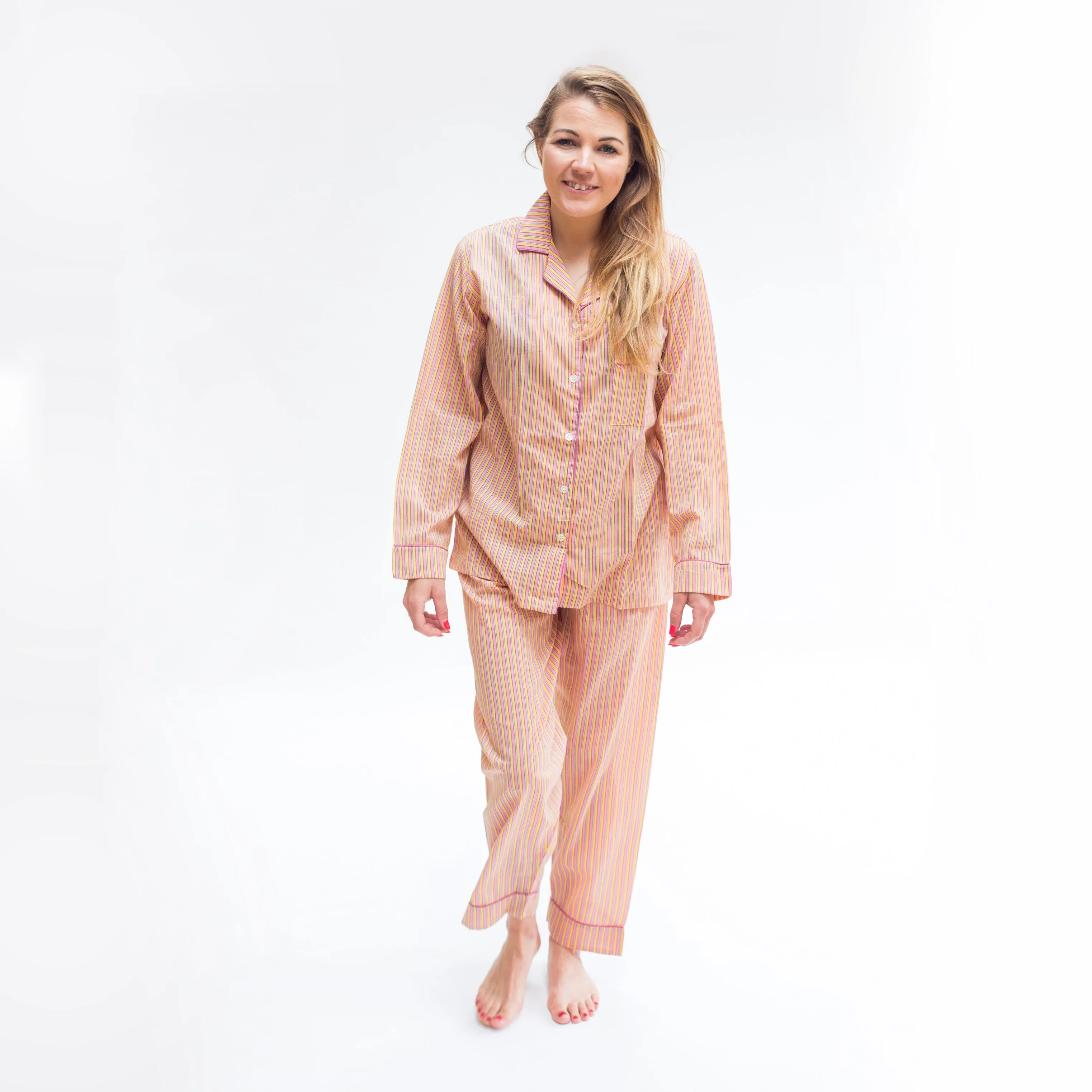 SALE Long PJ Set in Orange & Pink Striped Block Print Design