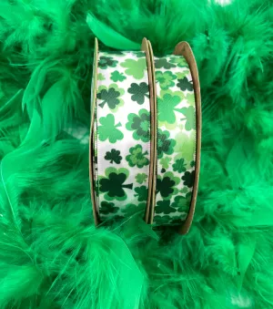 Shamrock ribbon shamrocks in all shades of green tossed on 5/8" and 7/8" white satin