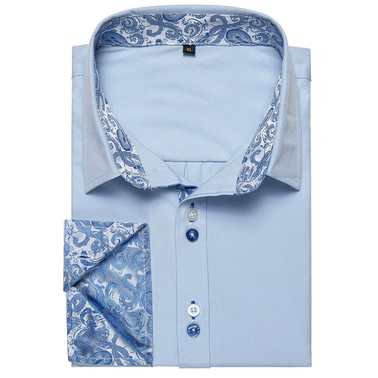 Splicing Style Baby Blue with Blue Paisley Edge Men's Long Sleeve Shirt