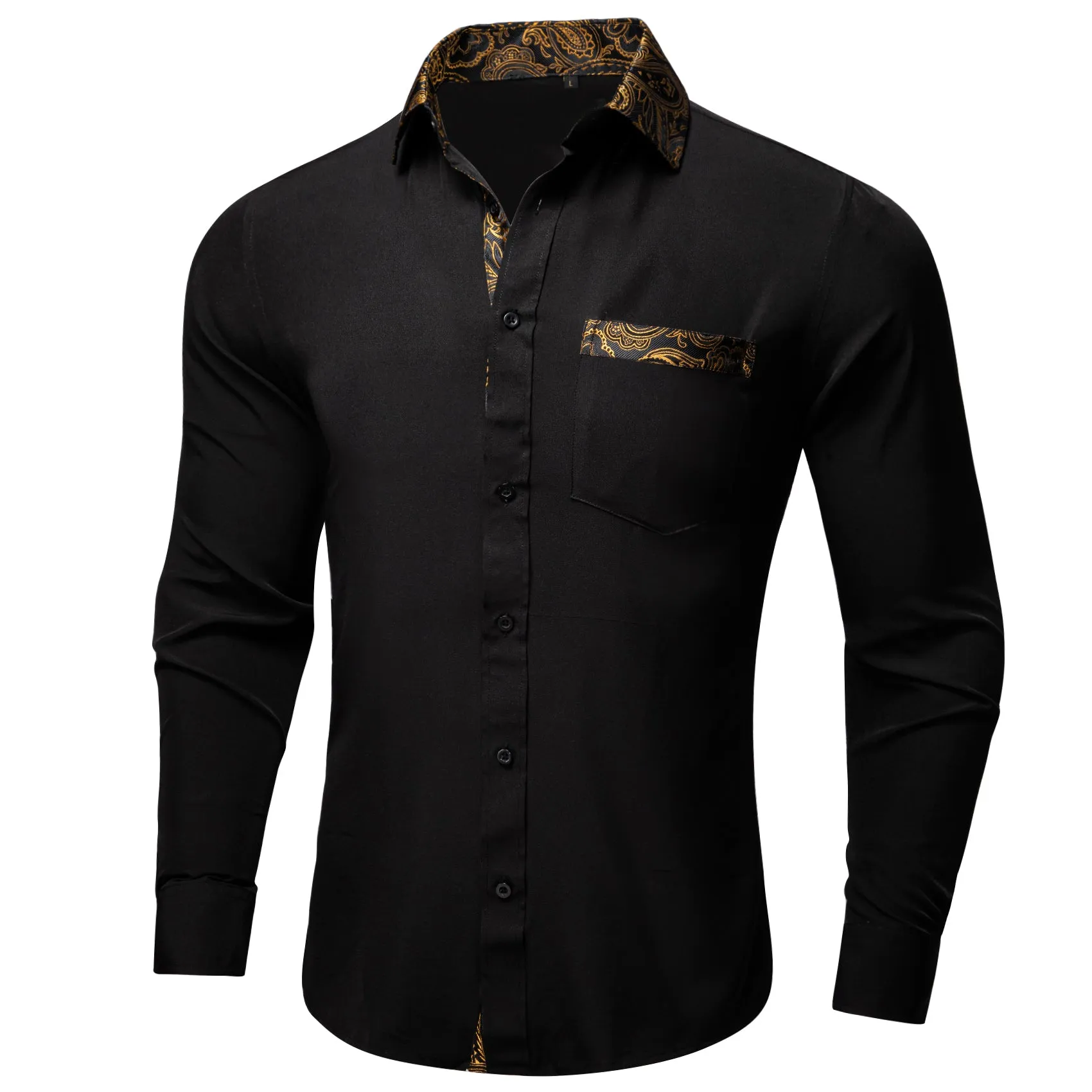 Splicing Style Black with Golden Paisley Edge Men's Solid Long Sleeve Shirt