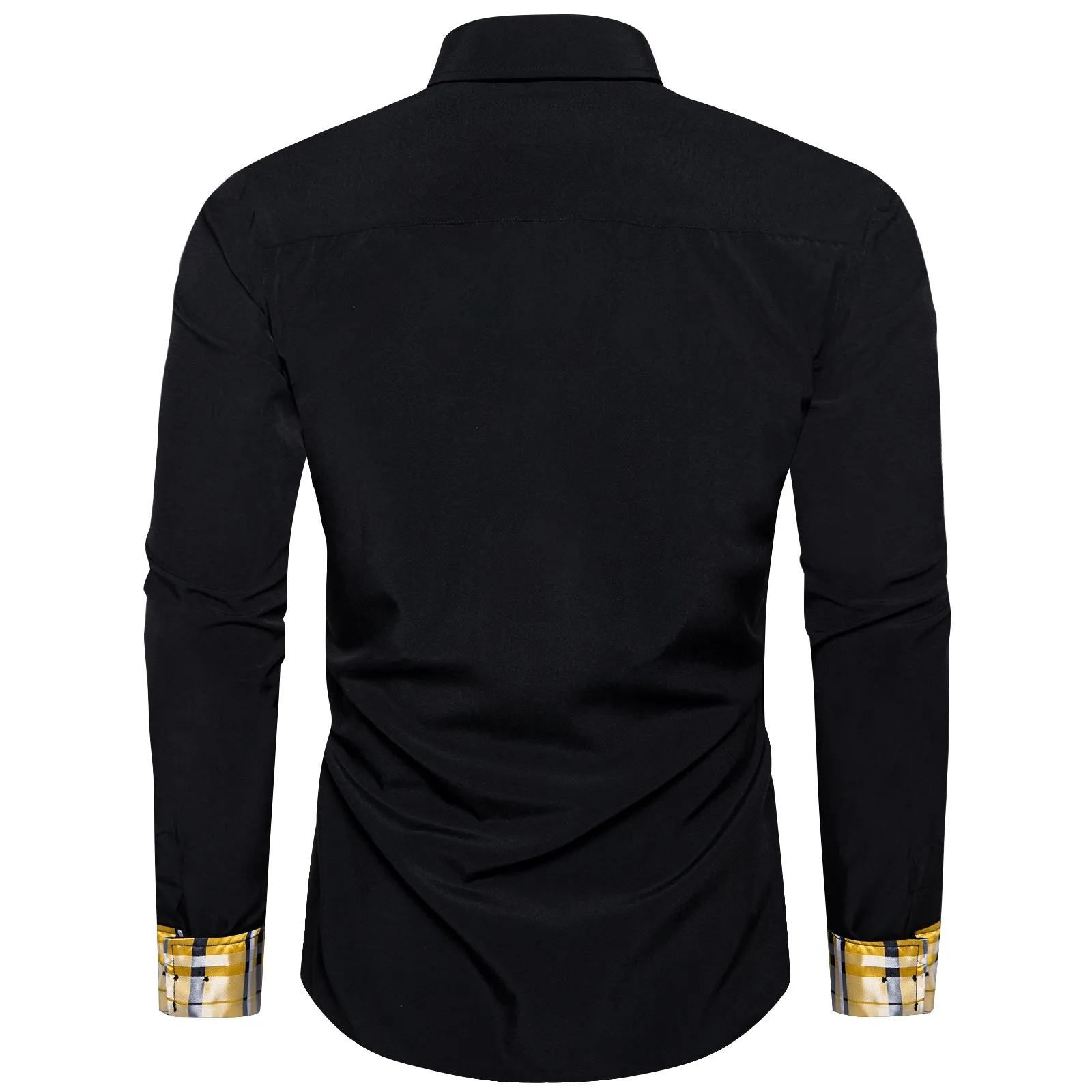 Splicing Style Black with Yellow Plaid Edge Men's Solid Long Sleeve Shirt