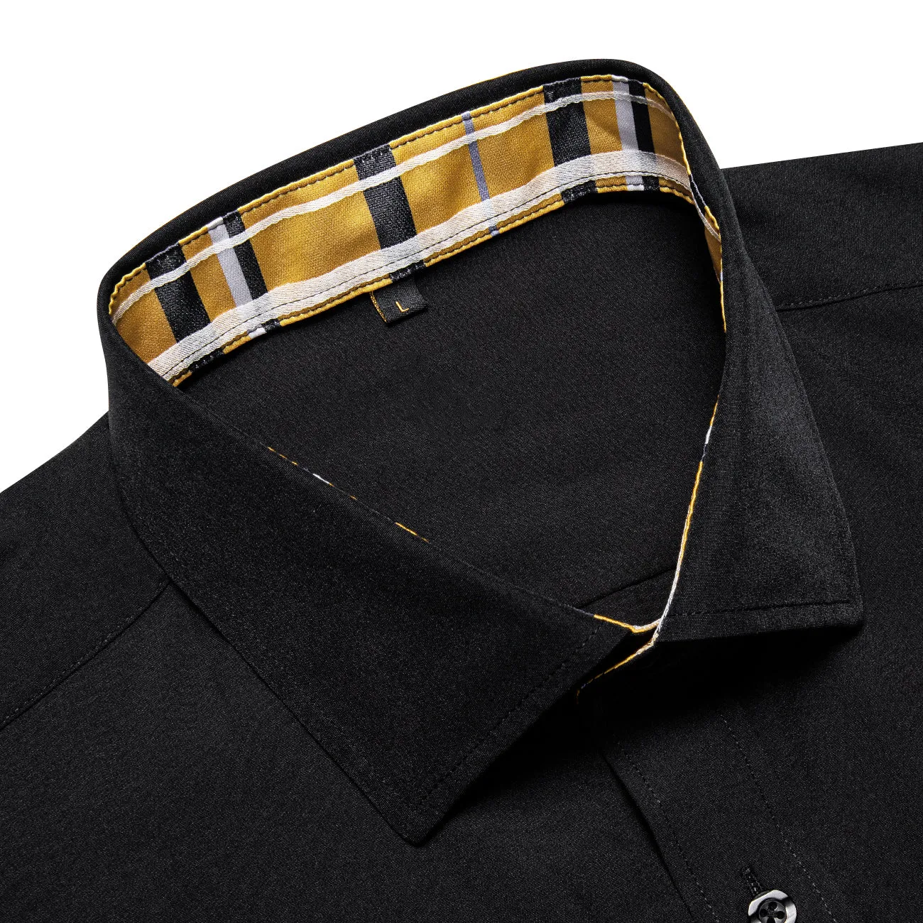 Splicing Style Black with Yellow Plaid Edge Men's Solid Long Sleeve Shirt