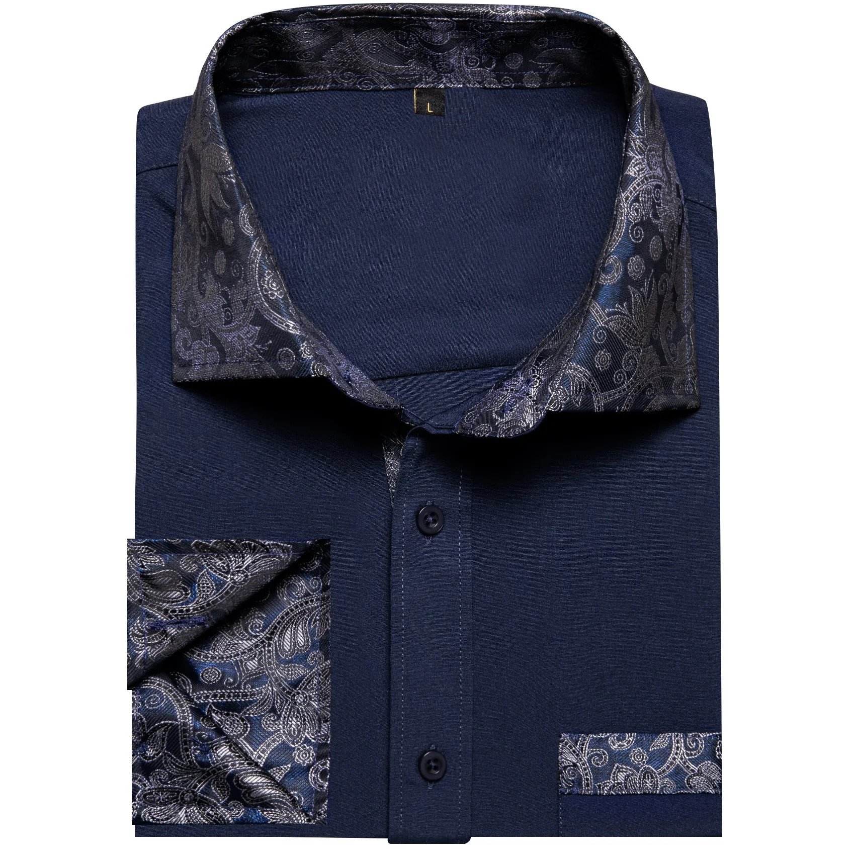 Splicing Style Dark Blue with Blue Paisley Edge Men's Solid Long Sleeve Shirt