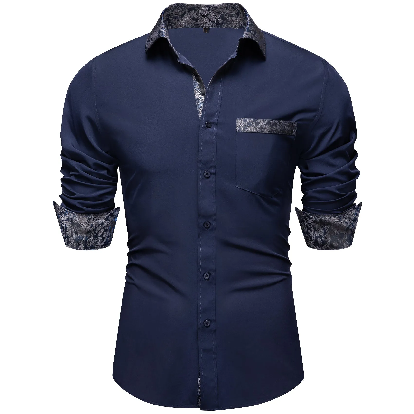 Splicing Style Dark Blue with Blue Paisley Edge Men's Solid Long Sleeve Shirt