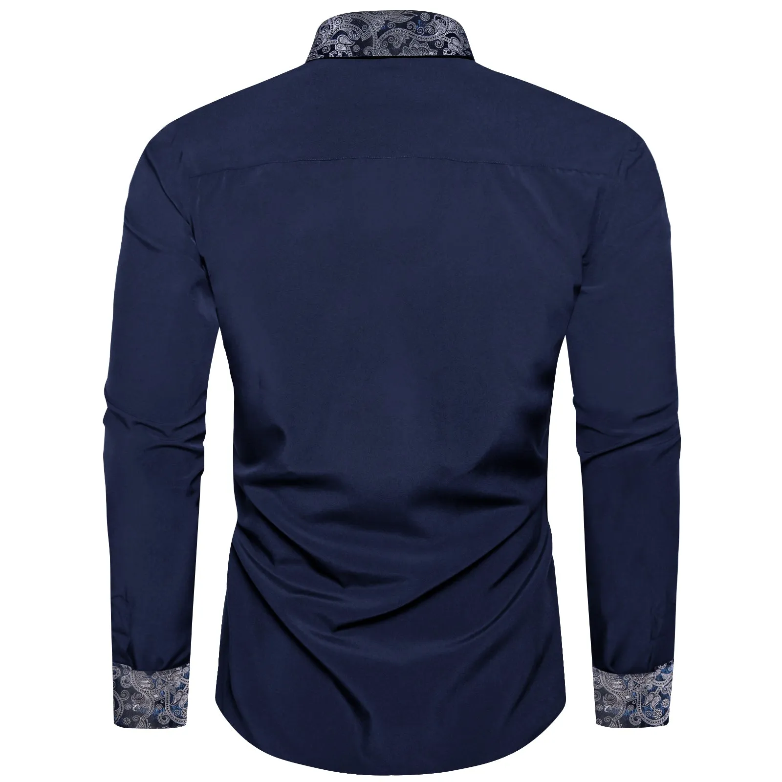 Splicing Style Dark Blue with Blue Paisley Edge Men's Solid Long Sleeve Shirt