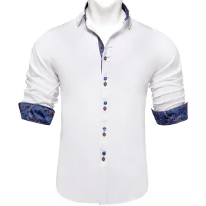 Splicing Style Pure White with Blue Paisley Edge Men's Solid Long Sleeve Shirt