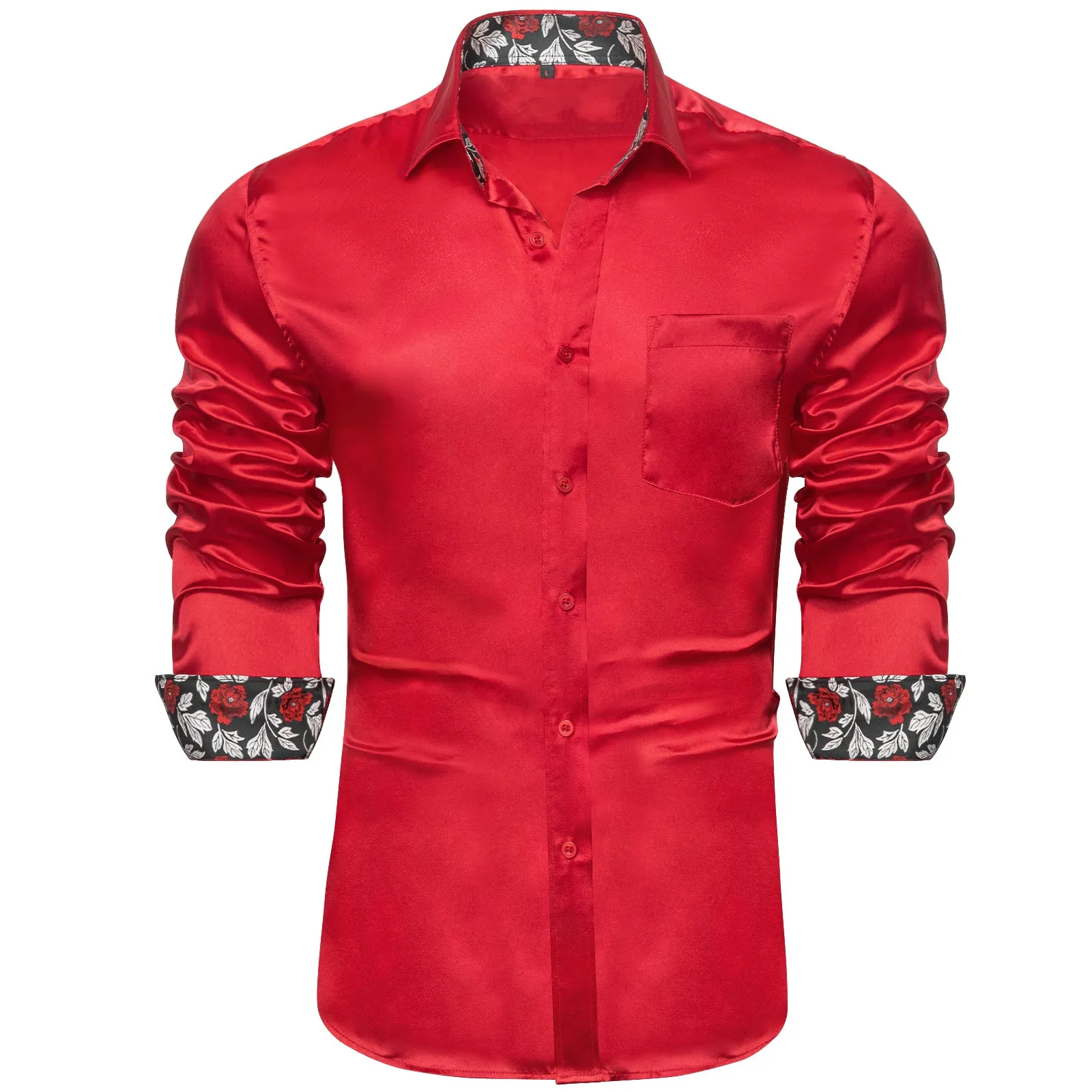 Splicing Style Red with Black Floral Edge Men's Long Sleeve Shirt