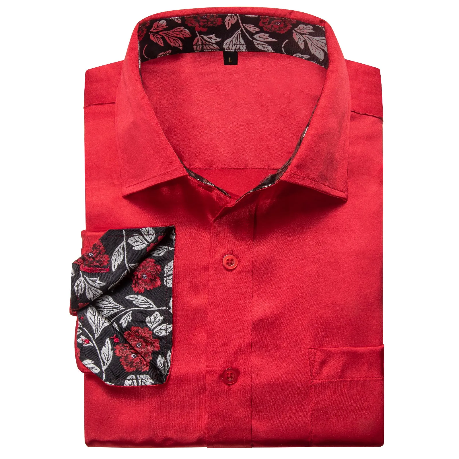 Splicing Style Red with Black Floral Edge Men's Long Sleeve Shirt