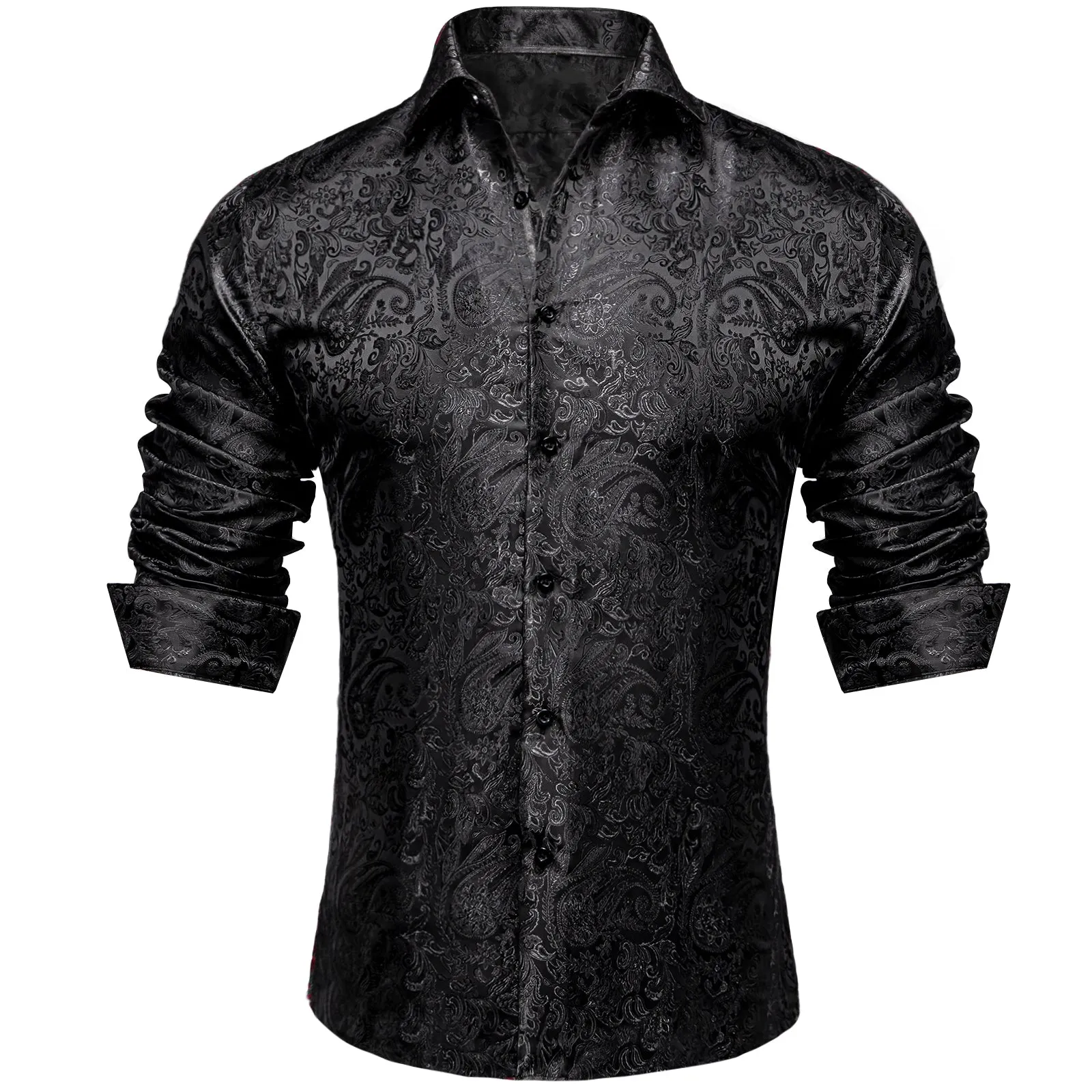 Ties2you Button Down Shirt Black Paisley Pattern Silk Men's Long Sleeve Shirt