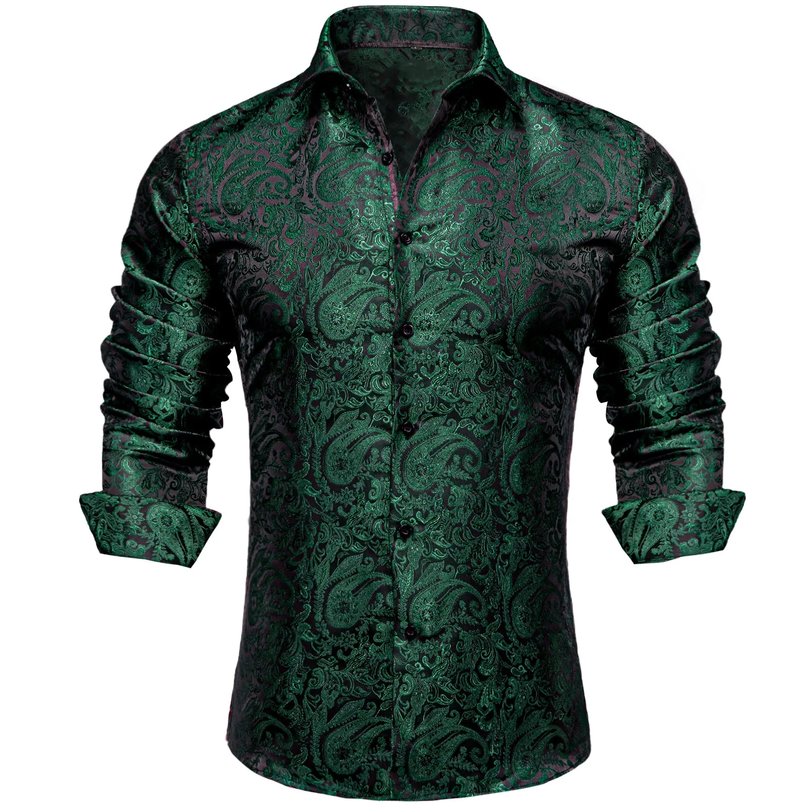 Ties2you Button Down Shirt Black Paisley Pattern Silk Men's Long Sleeve Shirt