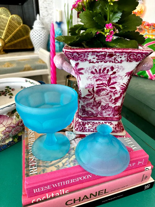 Vintage Candy Dish, Westmoreland Glass, Lidded, Pedestal, Satin, Frosted Blue Glass
