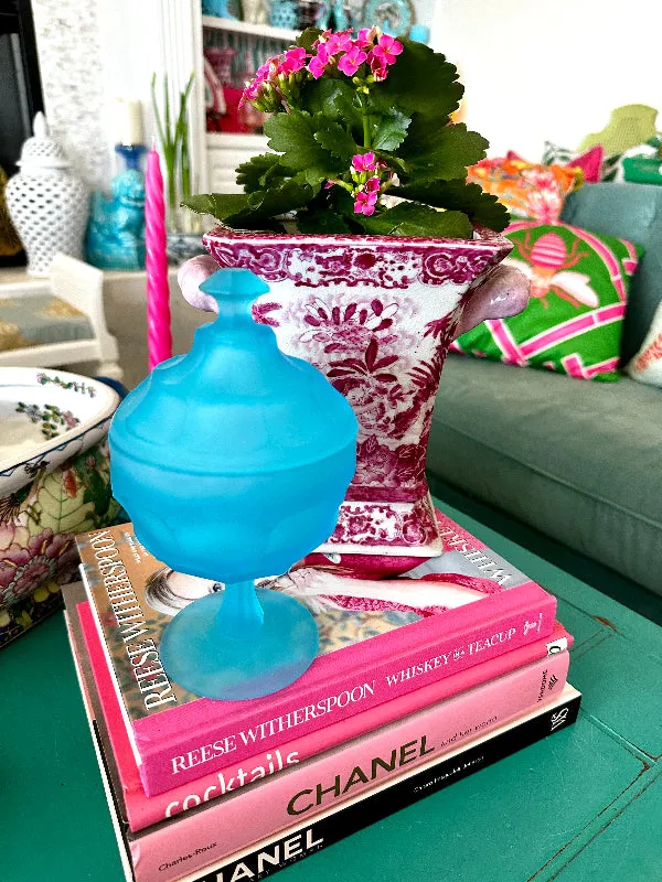 Vintage Candy Dish, Westmoreland Glass, Lidded, Pedestal, Satin, Frosted Blue Glass